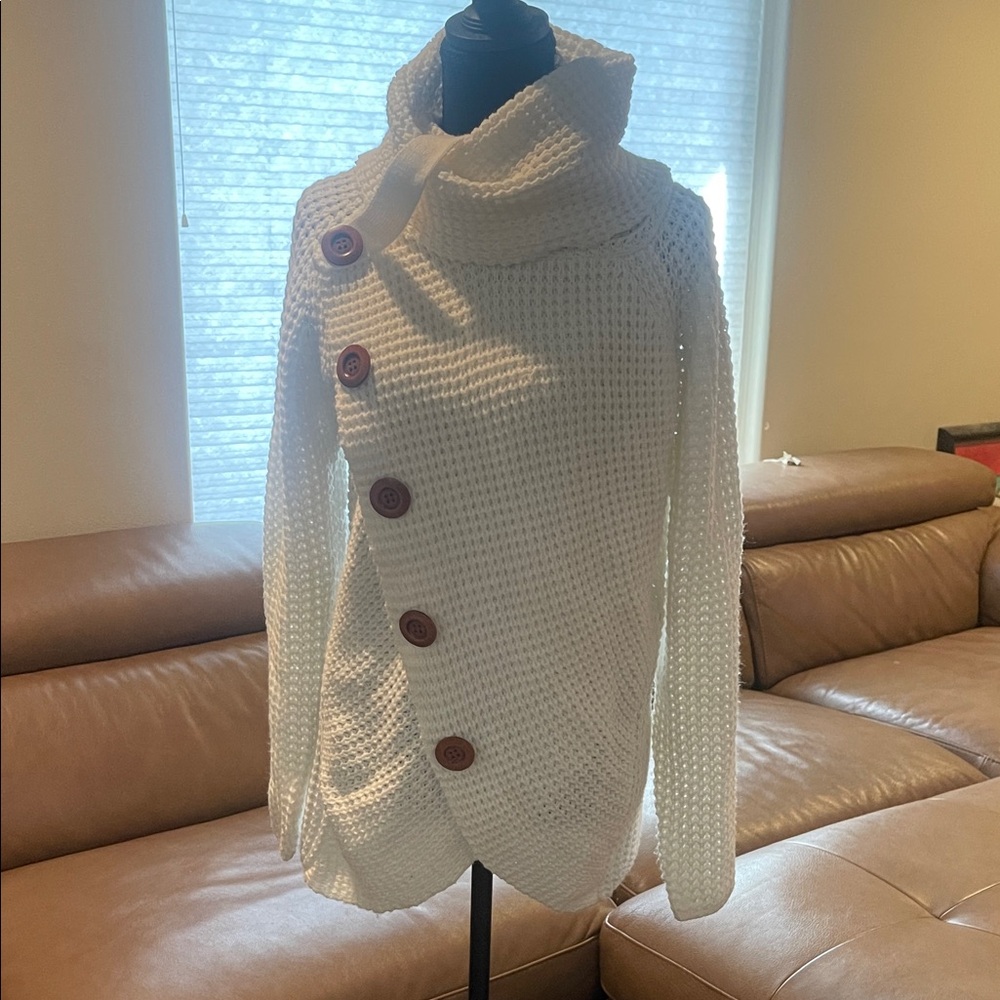 Cream Asymmetrical Button Cowl Neck Sweater
